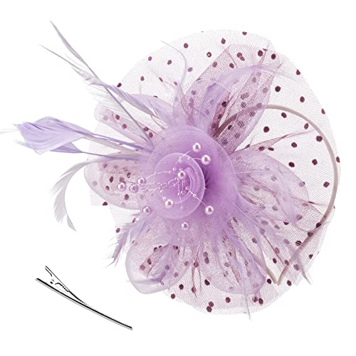 DRESHOW Fascinators Hat Flower Mesh Ribbons Feathers on a Headband and a Clip Tea Party Headwear for Girls and Women