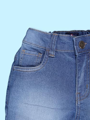 Image of KiddoPanti Boys Knee-Length Denim Shorts | Stretchable Cotton Poly Denim | Comfortable Fit with Button Elasticated Waistband & Zip Fly