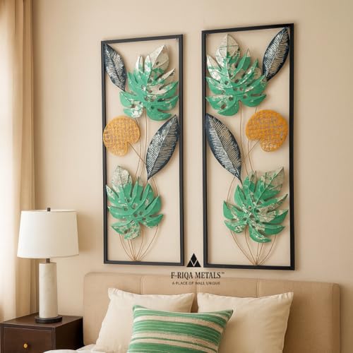 Image of F-RIQA METAL Set of 2 Leaf Design Metal Wall Art | Modern Green & Gold Iron Wall Hanging Frames for Living Room & Bedroom Decor | 36x13 Inch EACH (Handcrafted Metal Wall Decor) (DRAGON-LEAF-SET 2P)
