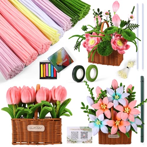Drelmvik 600 PCS Pipe Cleaners Flower Kit with Woven Basket, Video Tutorial by Drelmvik - Used condition - US$11.55