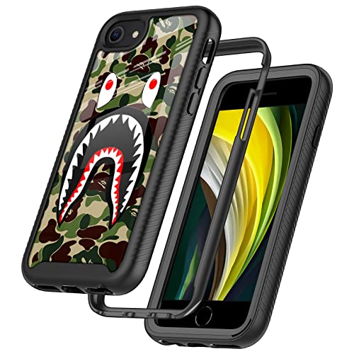 GUGU6JI Street Fashion Cool Camo Army Green Shark Design Compatible iPhone SE/7/8 Case - Luxury Shockproof Rugged Cover - Dual Layer Soft Bumper Full-Body Protective Case