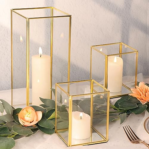 LAMORGIFT Gold Hurricane Candle Holder Set of 3- Glass Square Cylinder Candle Holder for Pillar Candles, Hurricane Vase/Decorative Lanterns Table Centerpieces for Wedding, Dining Room, Coffee Table