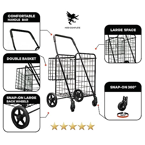 Mod Complete Folding Shopping Cart With Patent Pending Swivel Wheels And Double Basket, Large S-2081 #TOP1