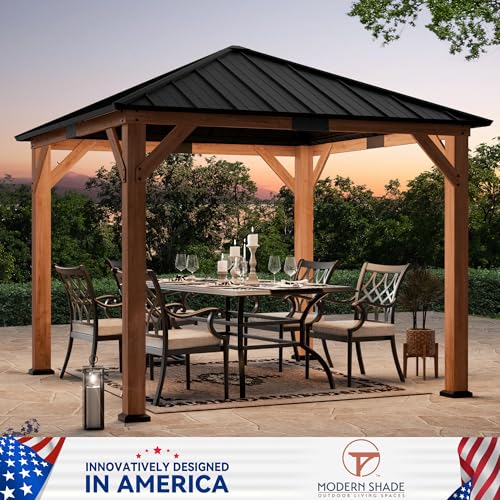 Modern Shade Tranquil Grove Wood Gazebo 10' x 10', Hardtop Gazebo Permanent with Galvanized Steel Roof, Cedar Outdoor Gazebo with Sturdy Hooks for Garden, Backyard, Patio and Deck - Image 3