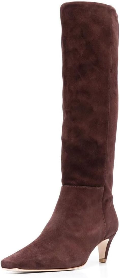 miss left Women Stretchy Knee High Boots Closed Square Toe Low Kitten Heel Fall Winter Wide Calf Boots Party Dress Long Boots Size 4-16 US
