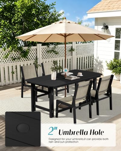 Image of Ciokea HDPE Outdoor Dining Set, Patio Table and 4 Stackable Chairs, Black | All-Weather Furniture Set with 2 inch Umbrella Hole and Armless Chair. Breathable Teslin Fabric Suitable for Outdoor Leisure.