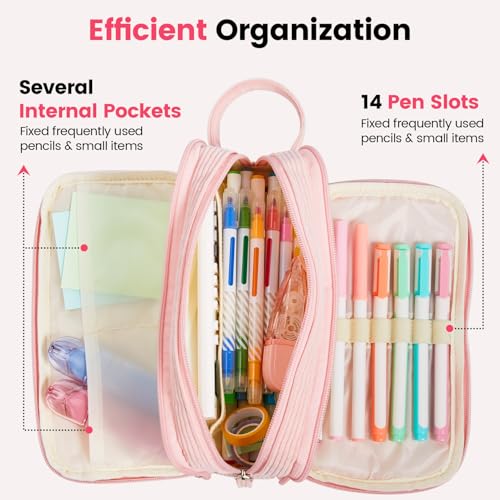 Image of Sooez High Capacity Pencil Case, Soft Corduroy Pencil Pouch with 4 Compartments, Multiple Pockets, Large Pencil Bag with Sturdy Zipper, Cute Pencil Case Pouch Organizer for Student Teen Girls, Pink