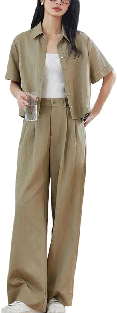 Womens Two Piece Pant Set Lace Shirt and Wide Leg Trousers Summer Matching Outfit for Work