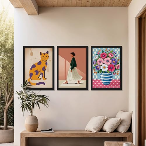Image of NoWorries Modern Cat Illustration Wall Art Framed Painting Set of 3 | Minimalist Woman Portrait Prints with Frame | Colorful Floral Vase Artwork | Boho Scandinavian Home Decor Wall Frames for Living Room, Bedroom and Office Wall Gallery (Ready to Hang) (Art-12, 13x19inch, Wooden)
