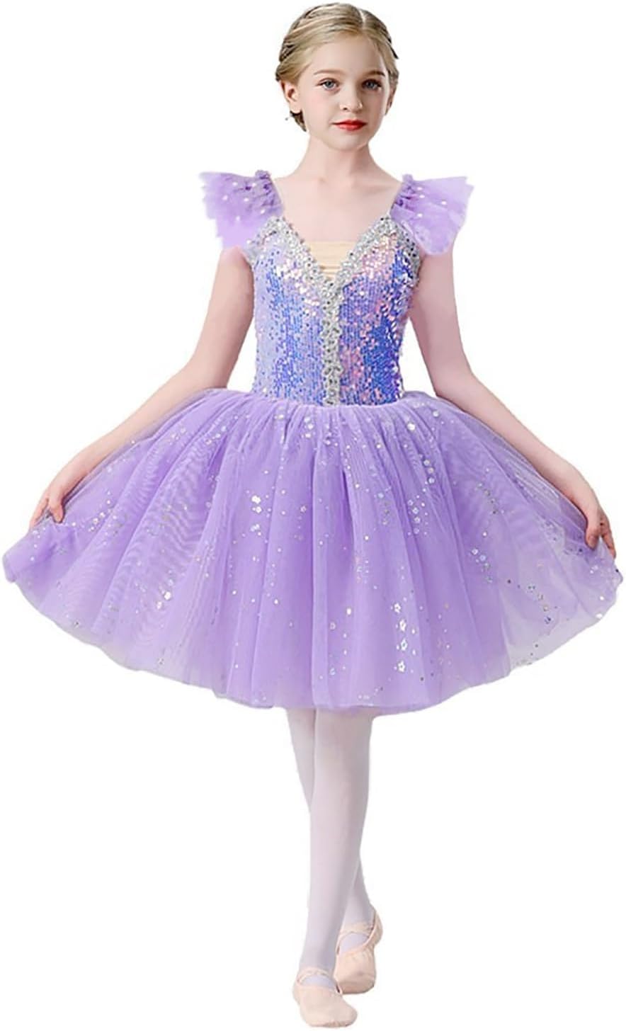 Jugaoge Kids Princess Tutu Sequins Ballet Dance Dress for Cha-cha Figure Skating Performance Competition