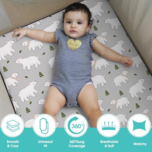 Pack n Play Sheets, BROLEX 2 Pack Mini Crib Sheets,Stretchy Portable Fitted Playard Sheet Set, Convertible Playard Mattress Cover,Ultra Soft Breathable Material,Elephants & Bears