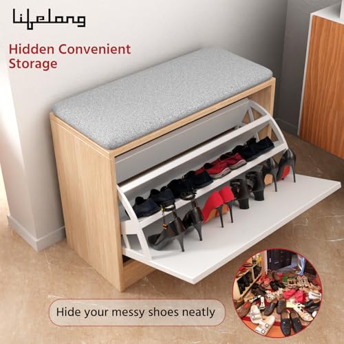 Image of Lifelong Wooden Shoe Rack with Cushioned Seat for Home Entryway | 2-Tier Flip Drawer Shoe Cabinet | Multipurpose Shoe Organizer Bench with Top Shelf | Sturdy Compact Storage Rack for Bedroom & Balcon