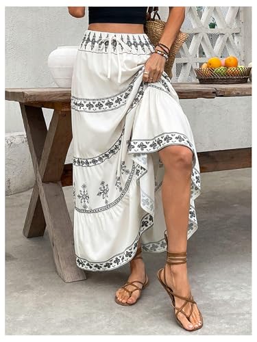 SOLY HUX Women's Boho Maxi Skirt Tie Front High Waisted A Line Ruffle Hem Flowy Long Summer Skirts4