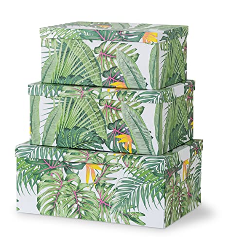 Soul & Lane Decorative Storage Cardboard Boxes With Lids | Tropical Breeze - Set Of 3 | Green Jungle Leaves Paperboard Nesting Boxes cover
