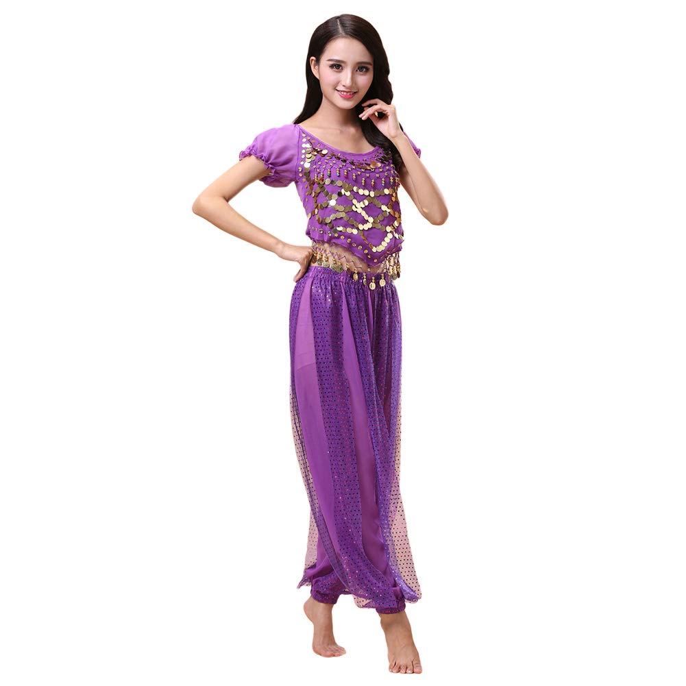 Kewing Women's Purple Belly Dance Costume Set - Dancing Top + Lantern Pants Professional Carnival Dancer Outfit Suit