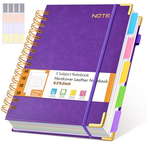 Hardcover Spiral Notebook with Removable Dividers Tabs, 300 pages Leather
