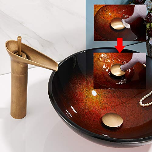 Image of REGALMIX Antique Brass Pop Up Bathroom Vessel Sink Drain Stopper,Built-In Anti-Clogging Strainer, Fits Standard American Drain Hole(1-1 /2 inch to 1-3 /4 inch), with Overflow RWF083R