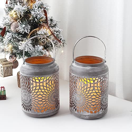 JHY DESIGN Set of 2 Metal Candle Holder with Flameless LED Candles 17cm Tall Decorative Candle Lantern Vintage Hanging Candle Stick Holders for Home Balcony Garden Wedding Party Indoor Outdoor(Grey)