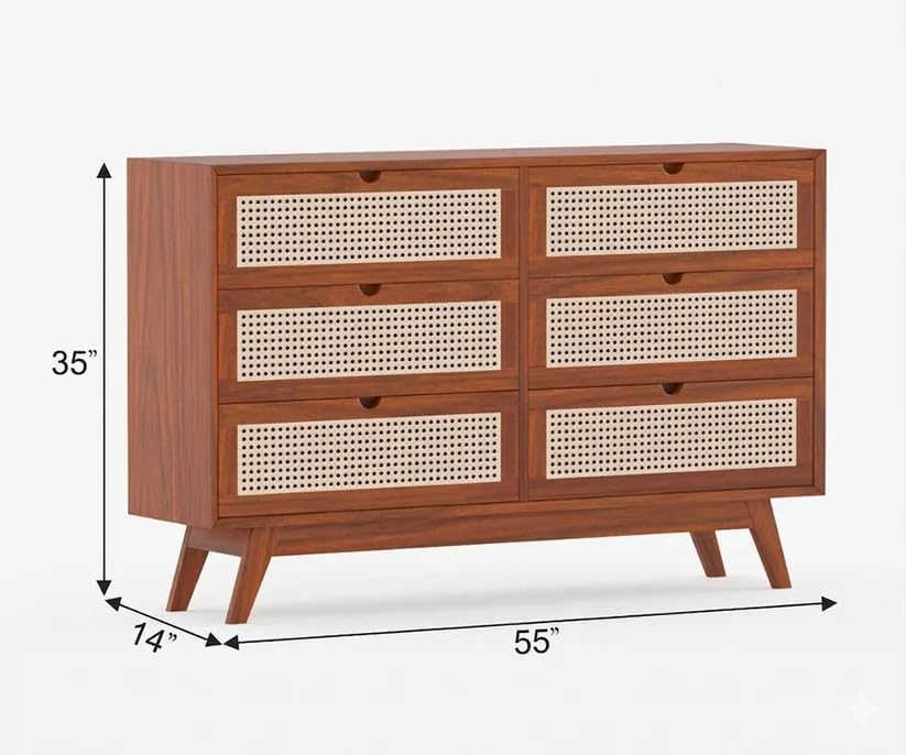 Image of Space Galaxy Sheesham Wood Chest of Drawer with Cane Rattan Fronts | 6 Drawer Storage Cabinet & Wooden Dresser | Mid Century Modern Furniture Organizer for Bedroom, Living Room & Home|Honey Oak Finish