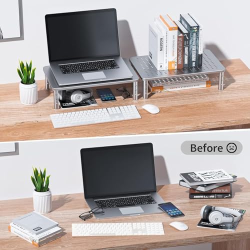 Image of HUANUO Monitor Riser - 3 Height Adjustable Stand for Laptop, Computer, iMac, PC, Printer, Desktop Ergonomic Metal Monitor Riser with Mesh Platform