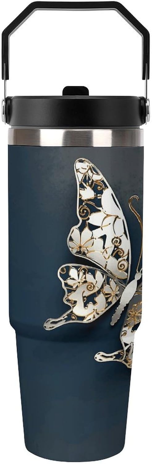 3d Metalic Butterfly Water Bottle 30 Oz Fits Car Cup Holder,Insulated Coffee Mug Large Capacity Car Cups,Stainless Steel Double Wall Sport Bottle for Travel Sports Gym