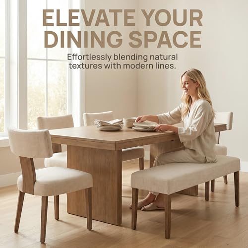 Image of HNY Mid Century Modern Dining Chairs Set of 2, Upholstered Linen Kitchen & Dining Room Chairs with Ergonomic Curved Backrest, Solid Wood Legs, Farmhouse Accent Chair for Home, Apartment, Beige