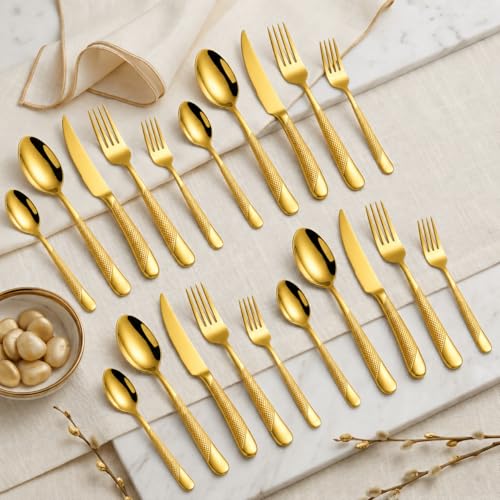 Image of Aurum Gold French Style Silverware Set | 20-Piece Hammered Flatware with 2-in-1 Serrated Knife | 18 /10 Stainless Steel Cutlery Set | Perfect for Home, Restaurant & Luxury Gifting