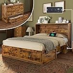 Jocisland Queen Size Murphy Bed, Farmhouse Wooden Cabinet with Charging Station and Storage Drawer for Bedroom/Office/Guest Room, Rustic Brown