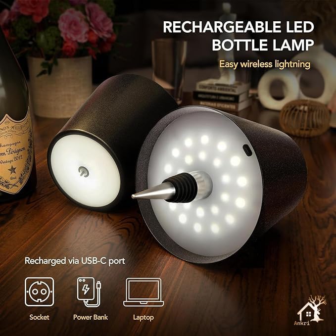 Image of ANKRI Wireless Bottle Lamp LED 3 Colour Light Battery Desk Dimming Night Light Indoor Portable for Cafe Restaurant Home Living Room | 15 cm | Black | Long Lasting Battery