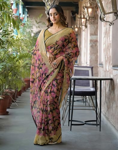 Image of SIRIL Women's Chiffon Printed Saree with Unstitched Blouse Piece