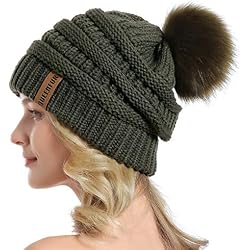 QUEENFUR Women Knit Slouchy Beanie Chunky Baggy Hat with Faux Fur Pompom Winter Soft Warm Ski Cap