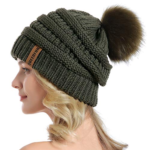 QUEENFUR Women Knit Slouchy Beanie Chunky Baggy Hat with Faux Fur Pompom Winter Soft Warm Ski Cap