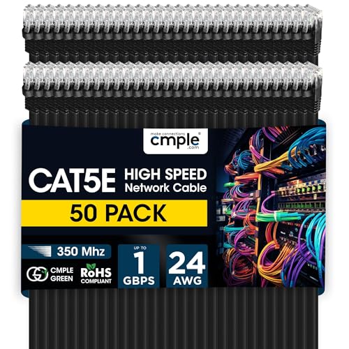 Cmple 50-Pack Cat5e Ethernet Cable 1.5ft, RJ45 Network Patch Cable, Black