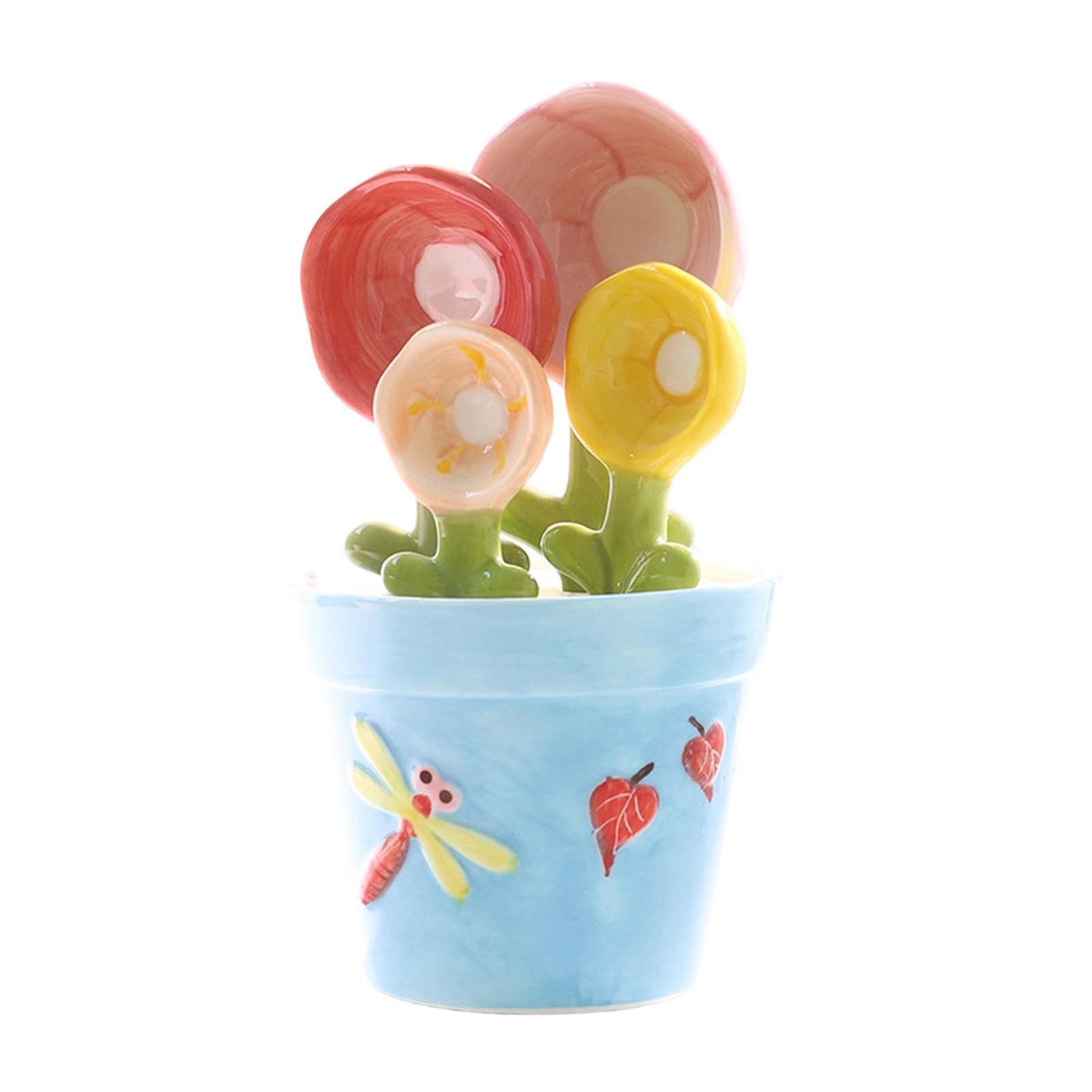 Cucharas medidoras para cocina alegre con base de macetero y tazones esmaltados