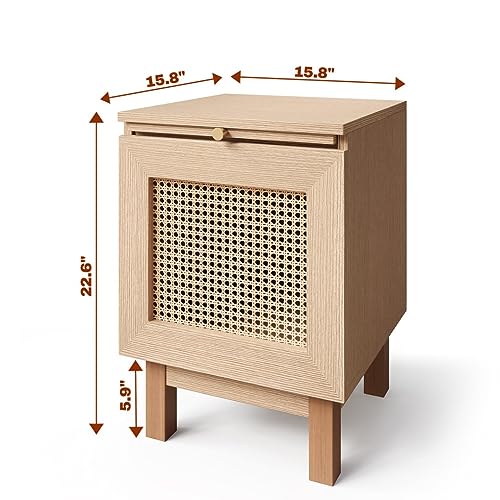Kietler Rattan Nightstand, End Table, Side Table With 【Extension Leaf】 【Solid Wooden Legs】【Spacious Storage Space】 For Bedroom, Living Room, Natural #TOP1
