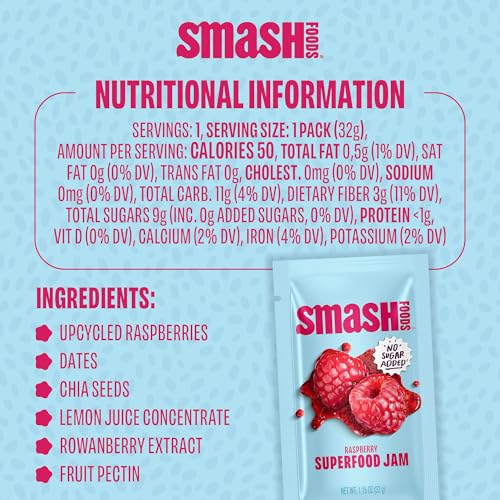 Image of Smash Foods Raspberry Jam Squeeze Packets | 10 Single Serve | Natural, Keto & No Sugar Added | Vegan & Upcycled Fruit Spread | Low-Calorie, Superfood Snack