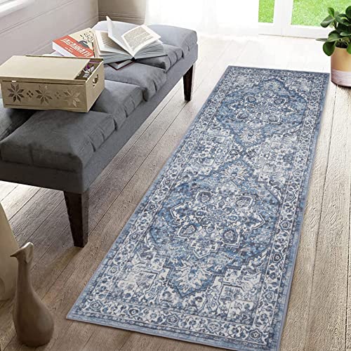 Caremee Area Rug 2X6 Runner Rug Light Blue Persian Hallway Indoor Rug Retro Distressed Carpet Thin Rug Machine Washable Accent Rug Lightweight Non Slip Kitchen Living Room Bedroom, 2' X 6' Blue #TOP17