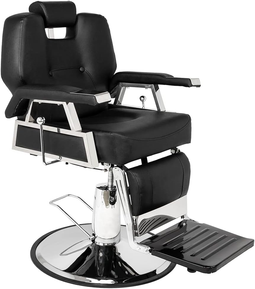 Hair Beauty Equipment Barber Chair PVC Leather Case Stainless Steel Base Iron Footrest Disc with Footrest 150kg Black