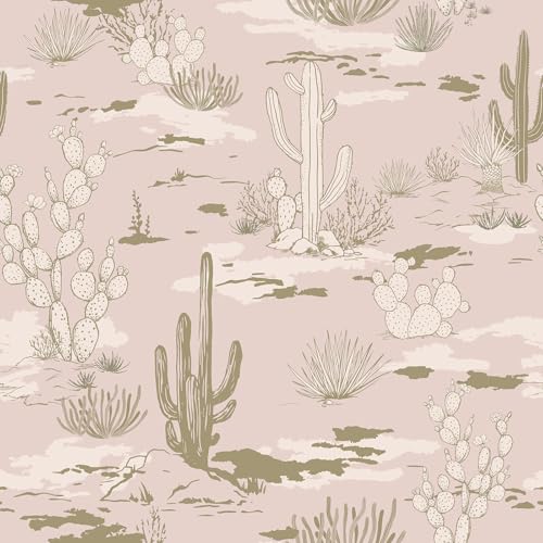 HelloWall Western Toile Wallpaper Peel and Stick Sage Green Pink Western Cactus Cute Cottage Core Wallpaper Girls Bedroom Nursery Kids Wall Paper Eclectic Mauve Pink Contact Paper Removable 17.5x80