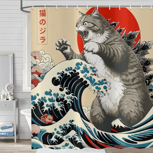 ASDCXZ Duschvorhang Japanischer Katze 180x200 cm, Vintage Lustig Japan Anime Katze Sonne Welle Kinder Tier Wasserdicht Badvorhang Polyester Textil Waschbar Duschvorhänge für Badewanne mit 12 Haken
