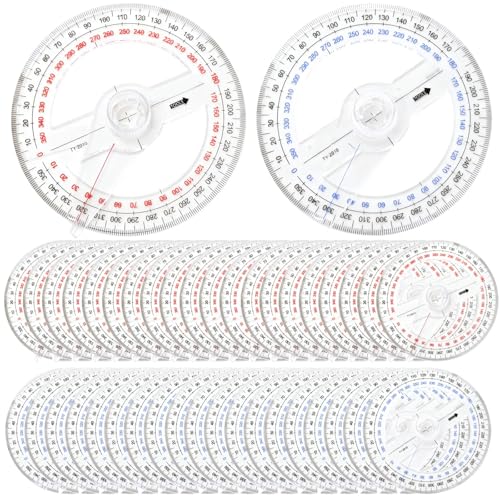 Rapporteur rond 360 degrés double échelle plastique bleu rouge lot de 30