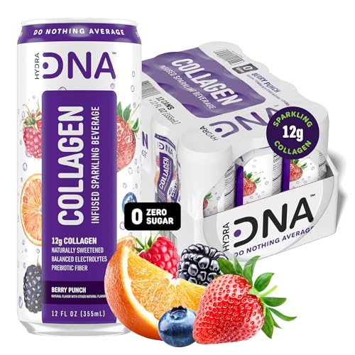 HYDRADNA- Sparkling Liquid Collagen Protein Water Drink Balanced Nutrients for Wellness - Sugar-Free - Keto-Friendly - No Gluten (12 Pack) Berry Punch