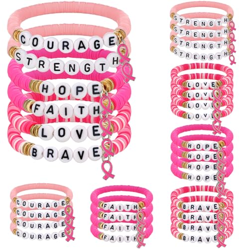 24 Pcs Pink Ribbon Charm Breast Cancer Awareness Bracelets Bulk Breast Cancer Awareness Accessories Polymer Clay Letter Beaded Stretch Bracelets Survivor Gifts for Women Encouragement Items