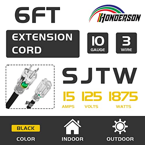 Honderson 6Ft Lighted Outdoor Extension Cord - 10/3 Sjtw Heavy Duty Black Extension Cable With 3 Prong Grounded Plug For Safety,Ul Listed #TOP1