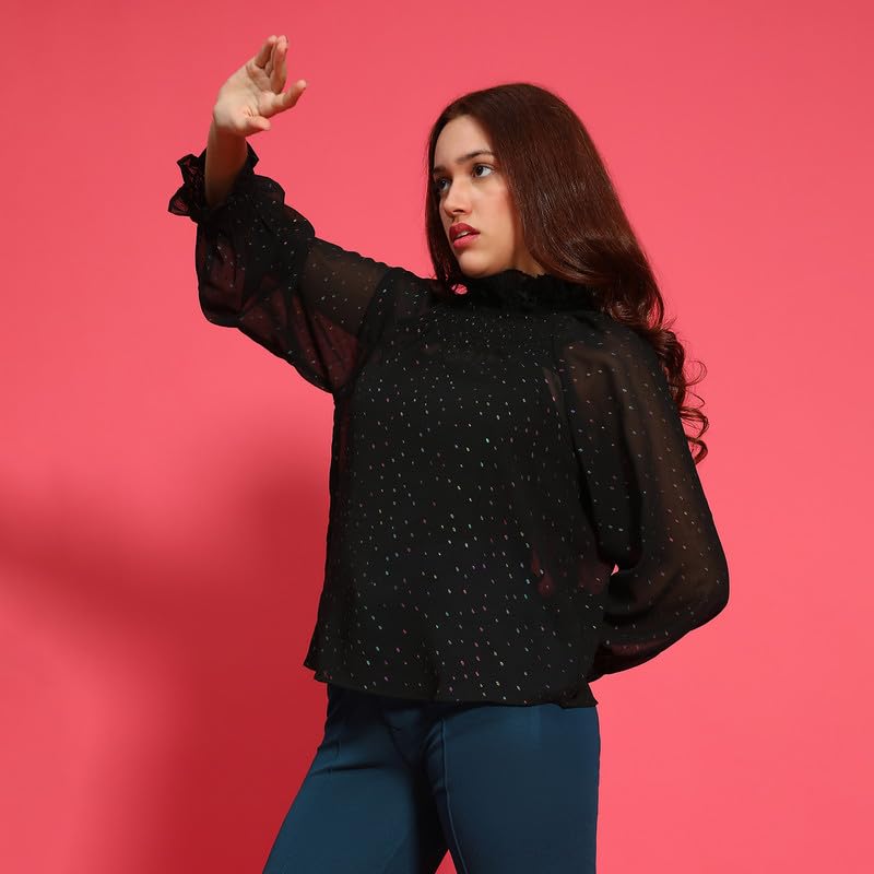 Image of oxolloxo Women Round High Neck Long Sleeve Semi Sheer Top