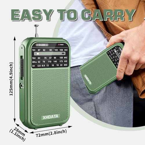 Image of XHDATA D220 Portable AM FM SW Radio Battery Operated With Headphone Jack, Excellent Reception Transistor, Pocket Size for Gift, Family, Elder (Green) | 2AA Battery Operated, Transistor Radio with Excellent Reception for Family or Elder (Green)