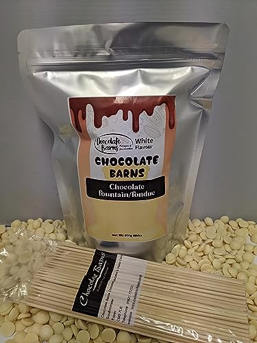 Chocolate Barns Fountain Ready White Chocolate 900gm, Free 100 Skewers for Baking ,Cooking Desserts Suitable for Making Fountains at Home and Commercial Spaces
