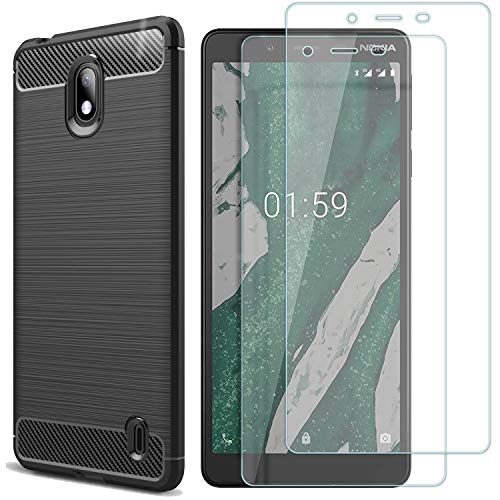 MYLBOO Funda Nokia 1 Plus con Protector de Pantalla,[3 en 1] Funda TPU de Silicona Suave y Delgada + [2 Pack] 9H Protector de Pantalla de Vidrio Templado para Nokia 1 Plus(Negro)