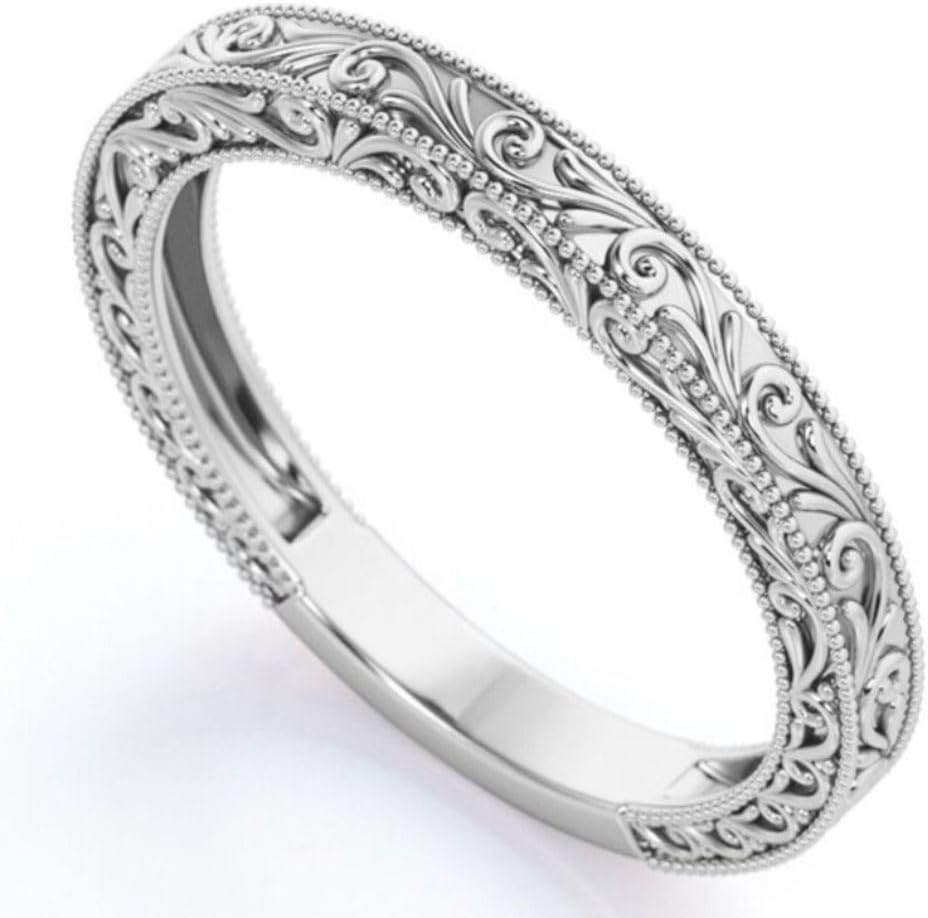 SilvaDeco Art Deco Vintage Retro Filigree Wedding Band Ring 14K White Gold Finish Artistic Milgrain Anniversary Band 925 Sterling Silver Handmade Olden Proposal Ring