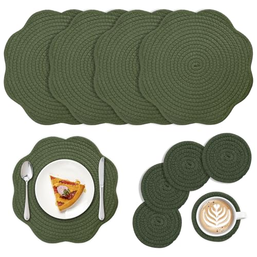 Set of 8 Christmas Round Braided Placemats with Coaster, 12" Dark Green Cotton Rope Woven Placemat with Scalloped Edge Heat Resistant Washable Table Mat for Xmas Winter Party Kitchen Dining Table